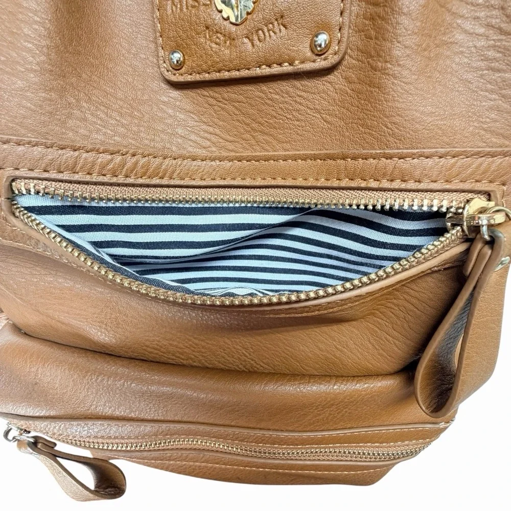 Miss Fong Brown Faux Leather Backpack Diaper Bag Multi‎ Pocket Striped Lining